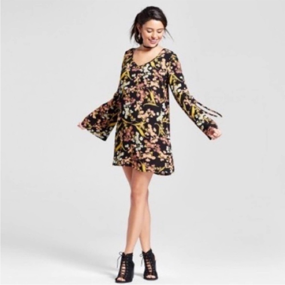 Black & Yellow Floral Sheath Dress with Bell Sleeves